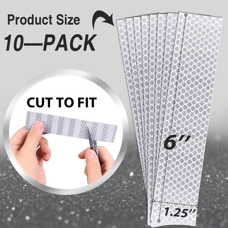 Qishiyi Reflective Stickers for Helmets & Bikes，3M Diamond Grade Tape，10-Pack 1.25x6 Inch White，Mailbox Trailer Hard Hat Safety