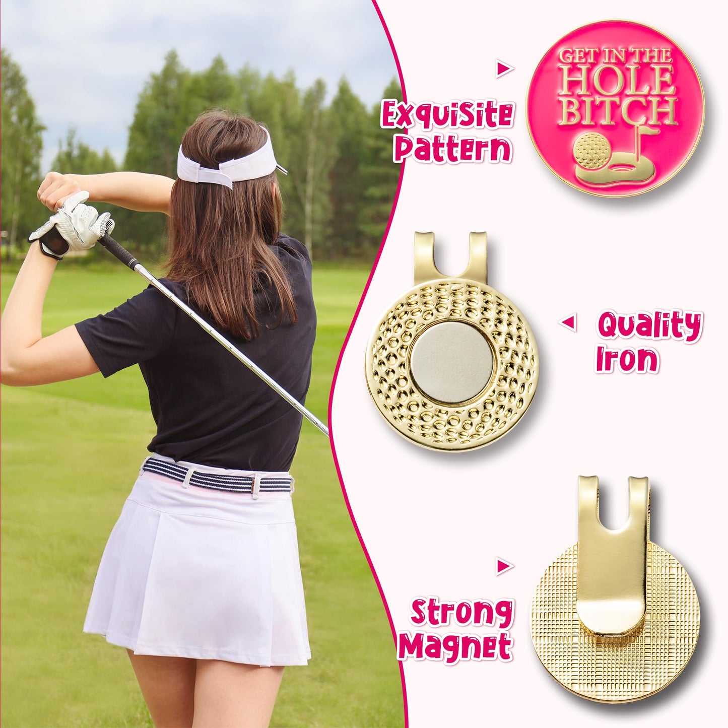 VERSRH Golf Ball Marker Clips - 2 Pcs Pink Funny Golf Ball Markers with 2pcs Magnetic Hat Clips & Pink Velvet Pouch Removable Attaches Caps Gift for Women Girls Golfer Club Accessories