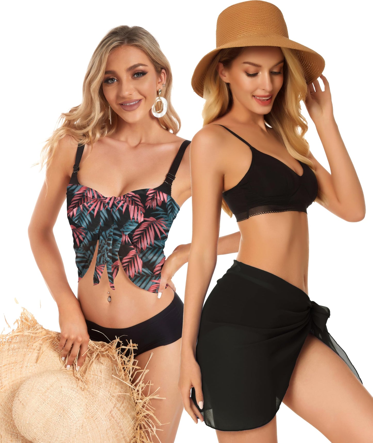 2 Pieces Sarong Cover Ups for Women Beach Bathing Suit Wrap Sheer Short Skirt Bikini Chiffon Scarf for Swimwear (Black and Pink Green)