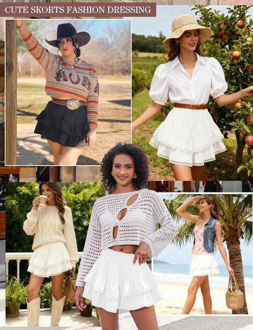 LOMON Flowy Skorts for Women - High Waist Ruffle Tiered Mini Skirts for Tennis & Golf | Casual Crochet Design