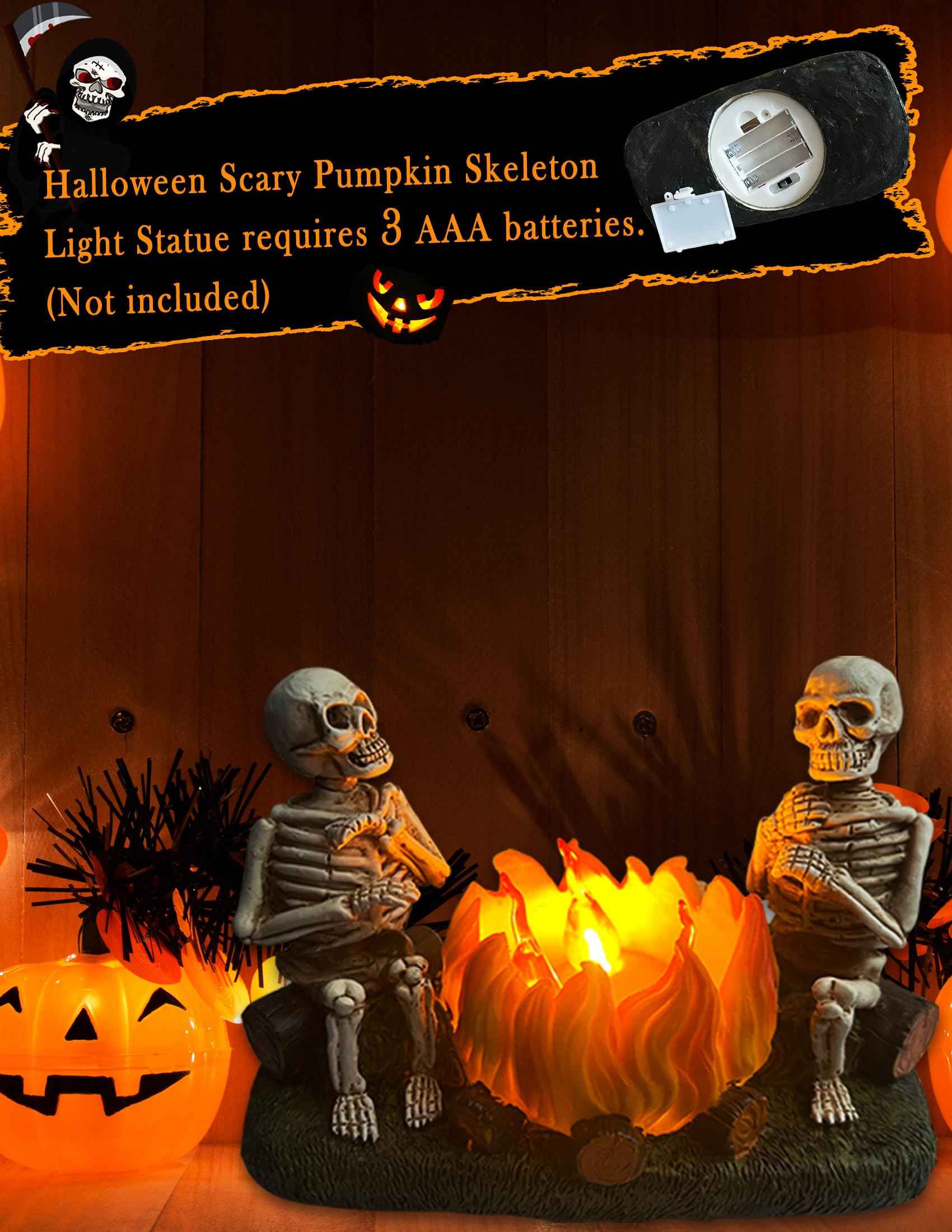 Htscudtg Halloween Skeleton with Pumpkin Campfire Nightlight, Flickering 3D Flameless Lights Halloween Indoor Decor, Light Up Jack O Lantern, Scary Skull Statue Lamp for Table Mantel