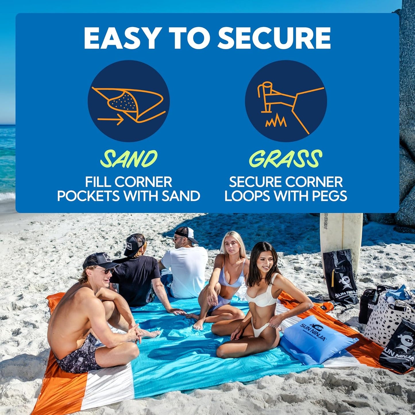 SUN NINJA Sand Proof Beach Blanket - Lightweight & Quick-Dry Mat with Travel Bag | Giant 10'x9' for Outdoor Fun