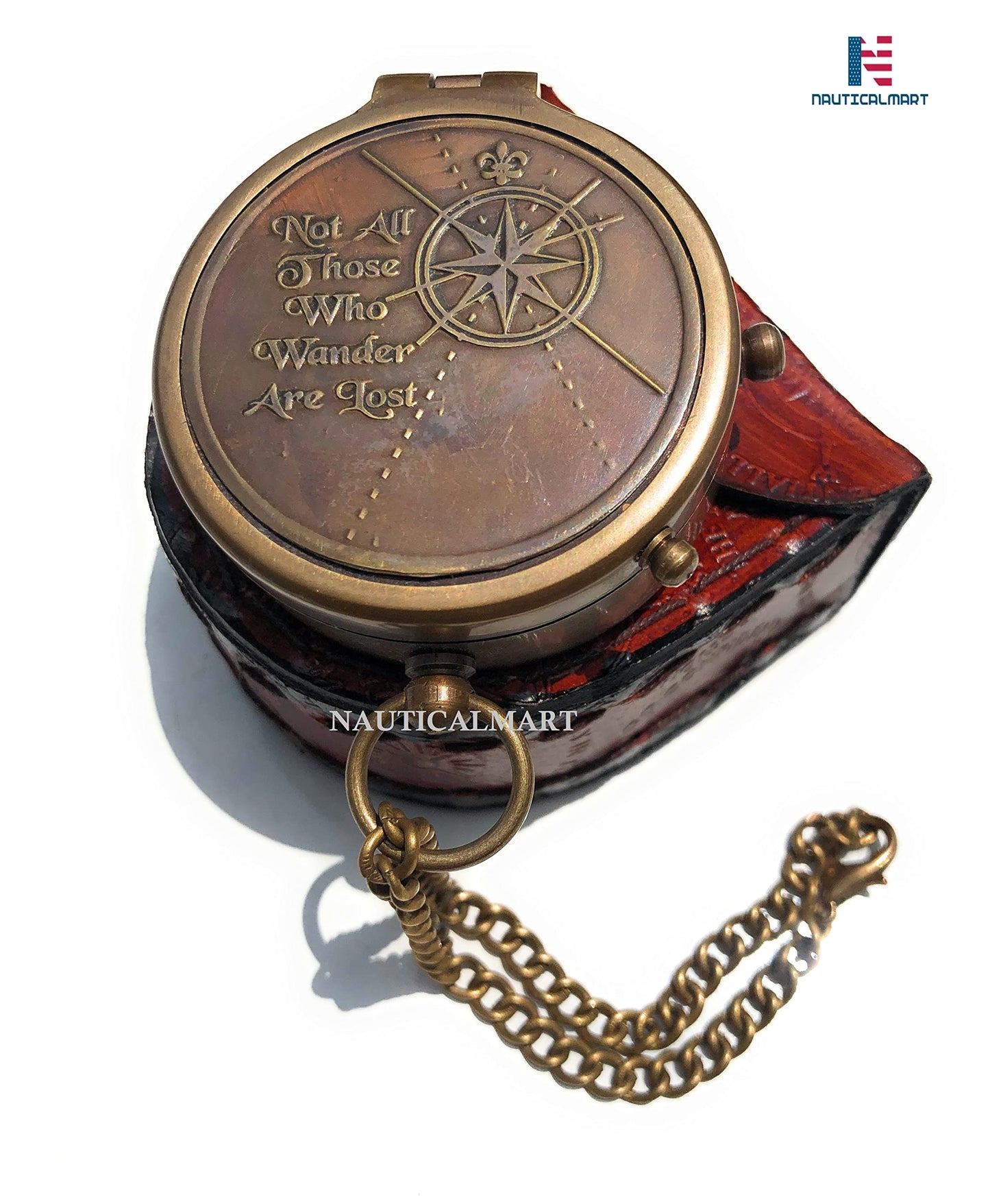 NauticalMart Brass Compass with Engraving - Not All Who Wander are Lost - Personalized Gift for Adventurers - Includes Leather Case - Ideal for Camping and Nautical Enthusiasts