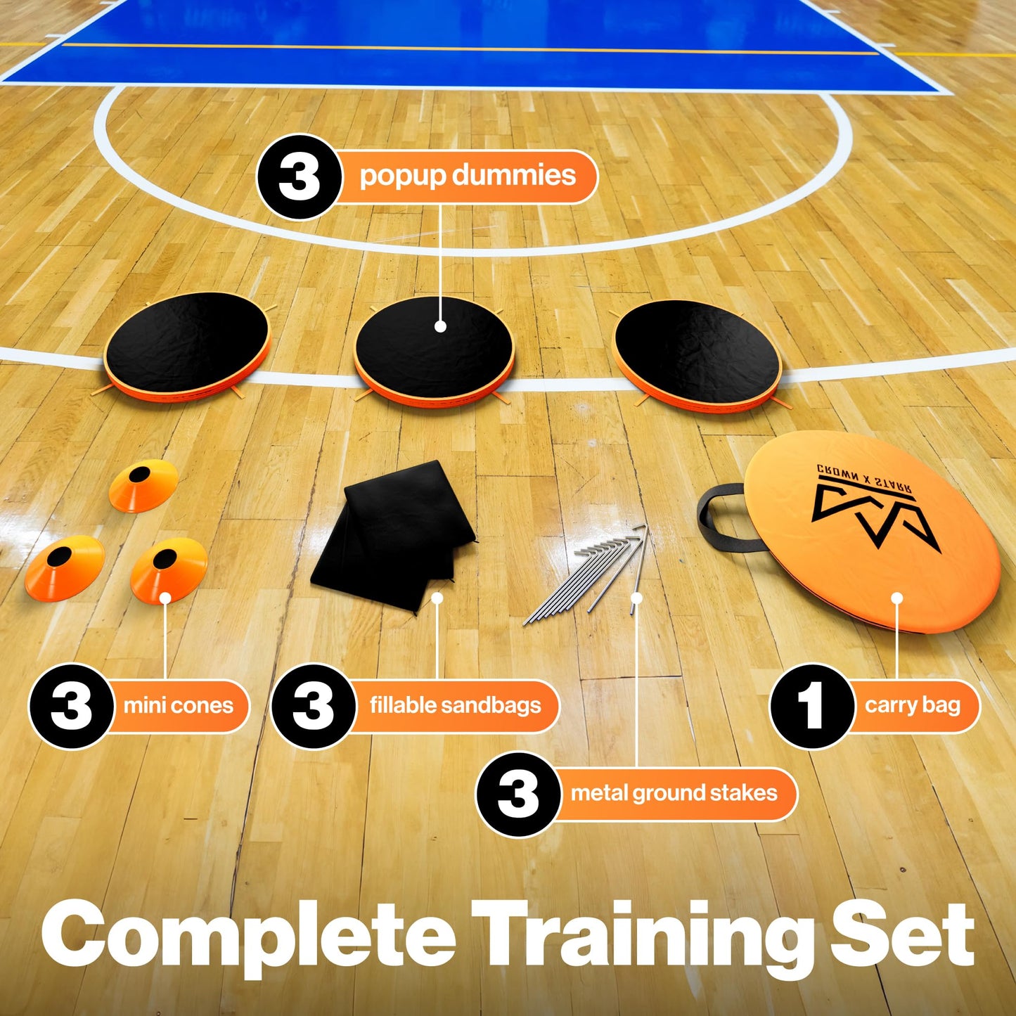 Crown x Starr Pop Up Defenders 3 Pack, 48 inches Tall, with Fillable Sandbags (no Sand), Simulate Defenders for Basketball, Football, Soccer, with Carry Bag & Mini Drill Cones