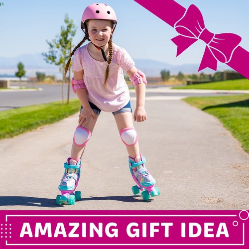 Rainbow Roller Skates (S) + Pink Protective Gear Bundle