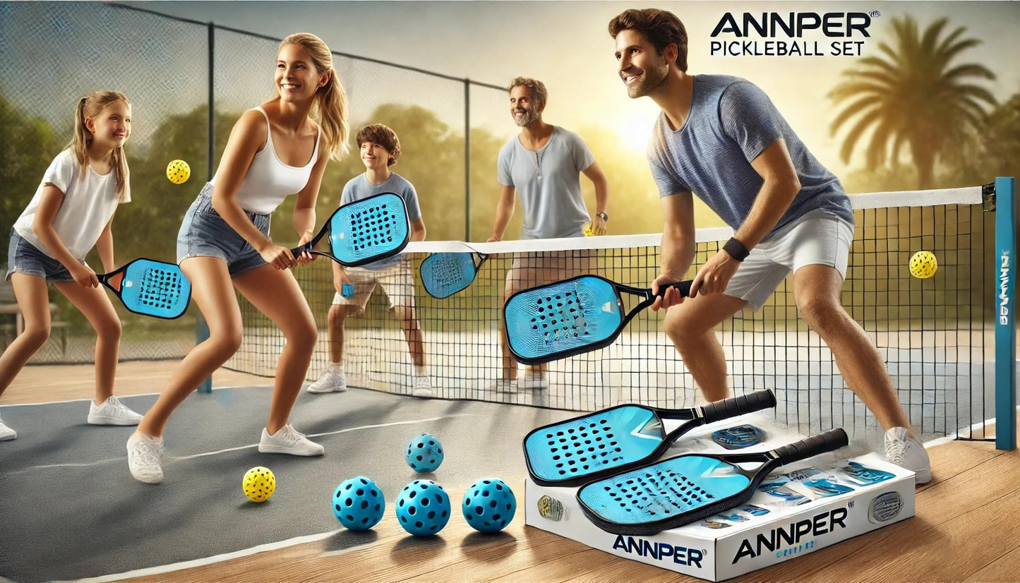 ANNPER Pickleball Paddle Set - 2 Carbon Fiber Blue Paddles, 4 Outdoor Balls | Lightweight & Durable for Beginners & Advanced Players | Premium Performance Gear(CarbonFiber Blue)