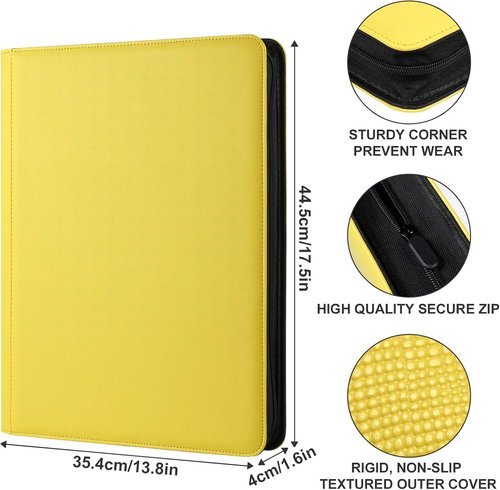 GEAoffice 16 Pocket Trading Card Binder - Ringless Side-Loading Design with Zipper Closure | PU Leather for 1000+ Cards - Yellow