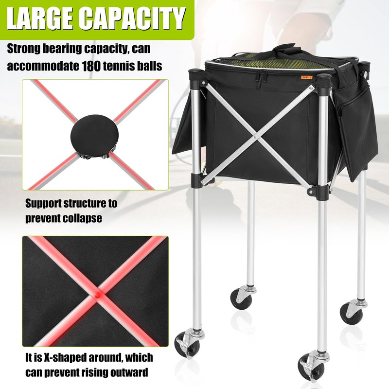 GYXZ Foldable Tennis Ball Cart Holds 180 Balls Wheeled Tennis Ball Hopper Sports Teaching Carts with Storage Bag, Light Auminum Alloy