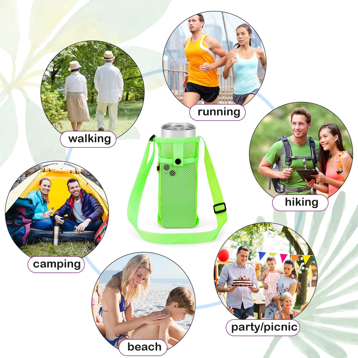 Tessco 8 Pcs Water Bottle Sling Holder with Adjustable Shoulder Strap Carrier Bag Mesh Sleeve Pouch for Walking Sports (Bright Colors, 11 x 4 Inch)