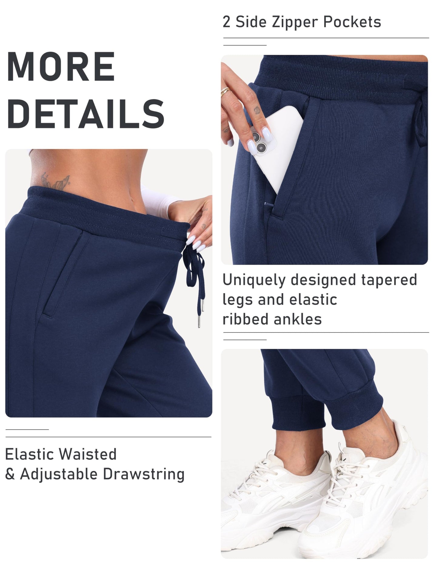 MoFiz Women's Fleece Lined Joggers Thermal Hiking Pants Elastic Waisted Water Resistant Cold Weather Sweatpants with Zipper Pockets Navy L