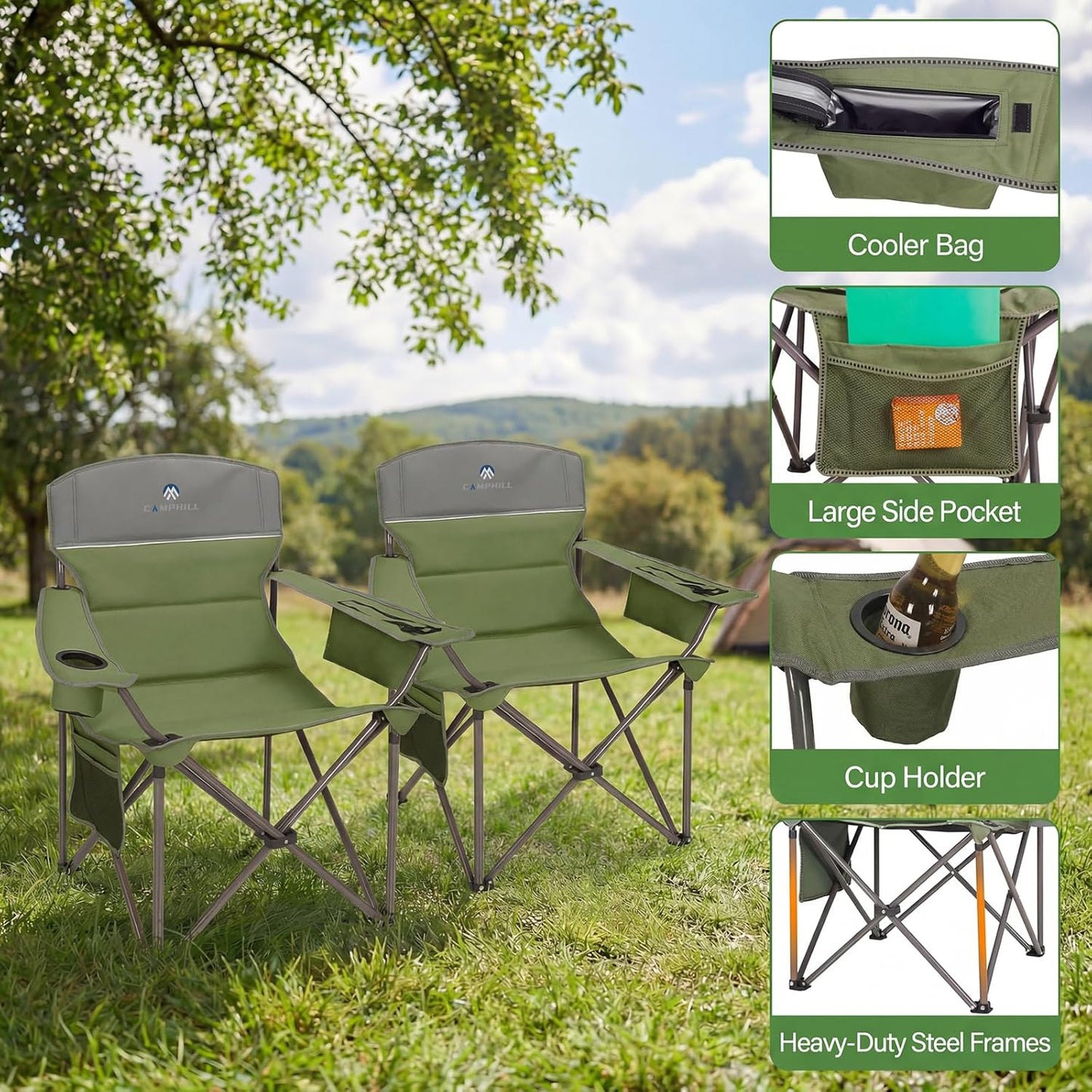 Skiennix Oversized Camping Chairs 2 Pack - Heavy Duty 400LBS Padded Lawn Chairs with Cooler Bag & Cup Holder | Olive Green