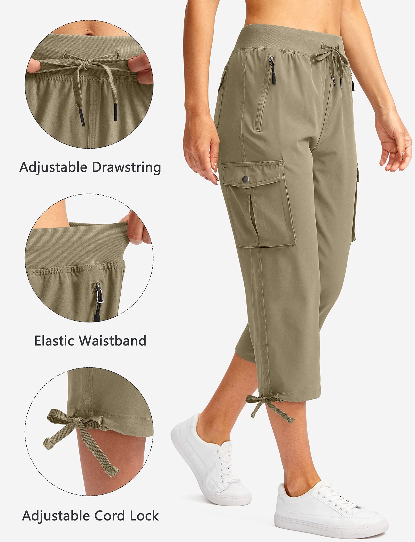 Soothfeel Women's Cargo Capris Pants with 6 Pockets Lightweight Quick Dry Travel Hiking Summer Pants for Women Casual (Dusty Khaki, L)