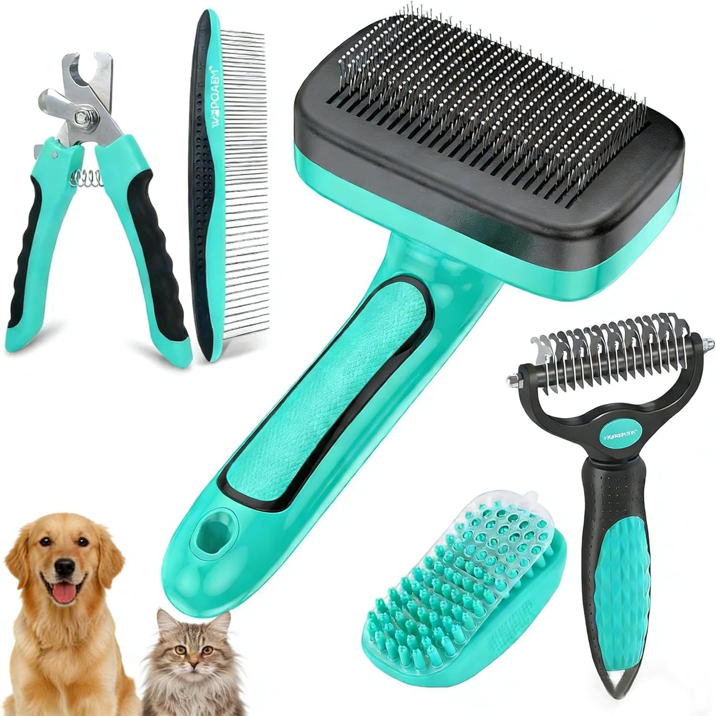 Skiennix Self-Cleaning Slicker Brush Set - Professional Grooming Tools for Dogs & Cats | 5-Piece Kit
