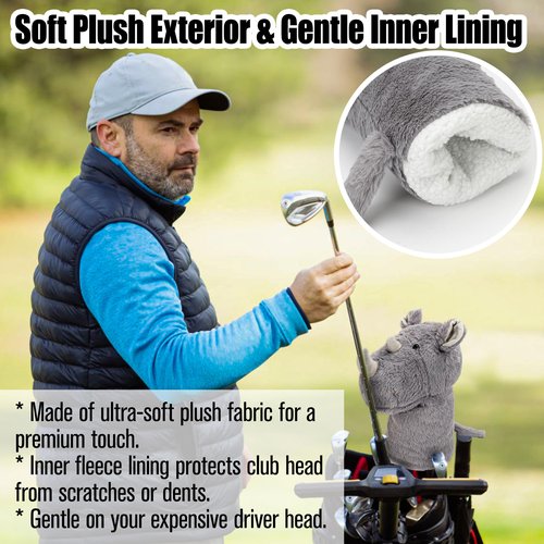 Funny Drive Head Covers Rhino Golf Club for Driver – Cartoon Funny Plush Animal Head Guard Fits Standard 460cc Woods – Cute Novelty Cool Headcovers for Men Women Clubs, Fun and Coolest Golf Wood Cover