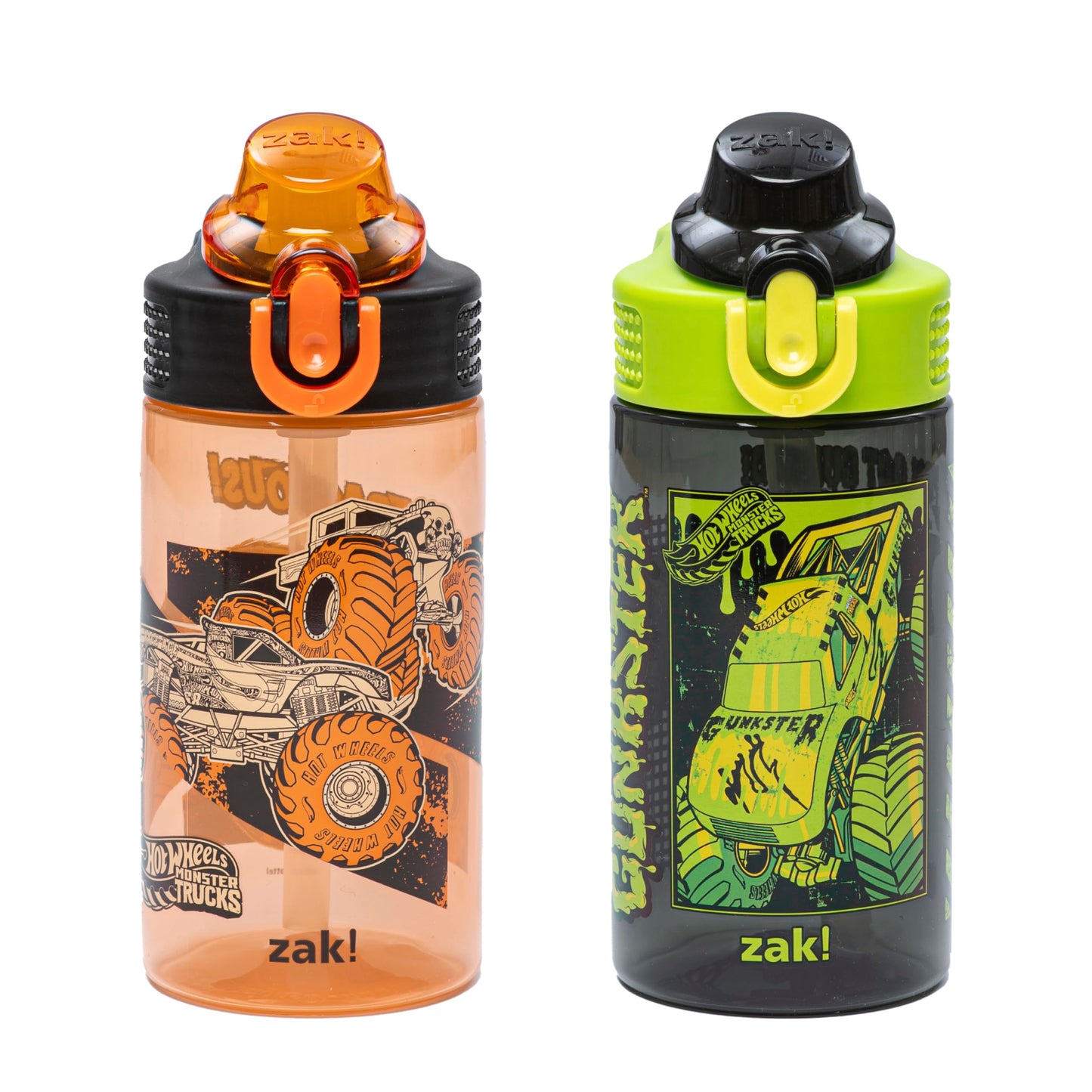 Zak Designs Hot Wheels Sage Kids Water Bottle For School or Travel, 16oz Durable Plastic Water Bottle With Straw, Handle, and Leak-Proof, Pop-Up Spout Cover, 2-Pack Set (Monster Trucks)