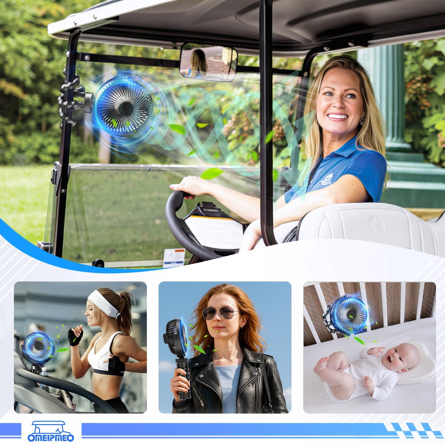 OMEIPMEO Rechargeable Golf Cart Fan, 12000mAh Stroller Fan, Adjustable 4 Speeds, LED Light, Power Bank, 360 Rotation, Portable Clip on Fan with Flexible Tripod for Club Car EZGO YAMAHA