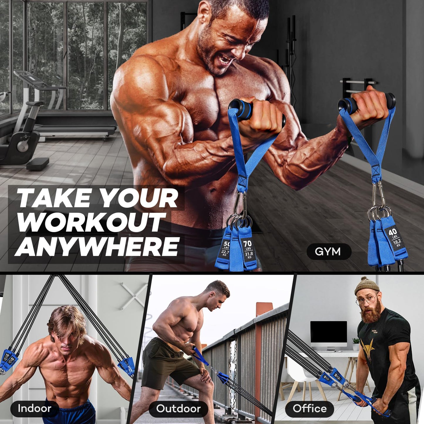 Resistance Bands, 390 lbs Heavy Duty Exercise Bands for Working Out, Blue Workout Bands with Handles, Stretch Band for Men, Fitness Bands for Home Workouts, Muscle Training, Strength, Slim, Yoga