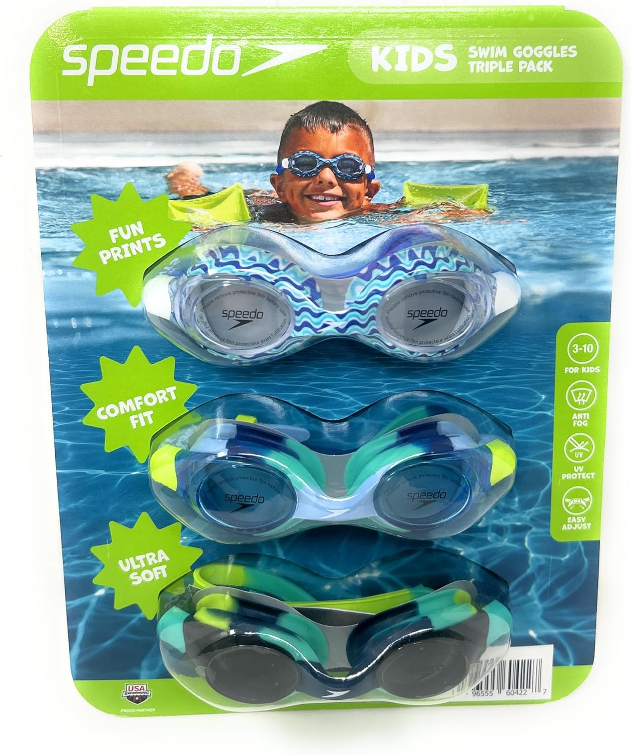 Speedo Kids Swim Goggles - 3 Pairs in Blue & Green for Ages 3-10 | Comfortable Fit & Clear Vision