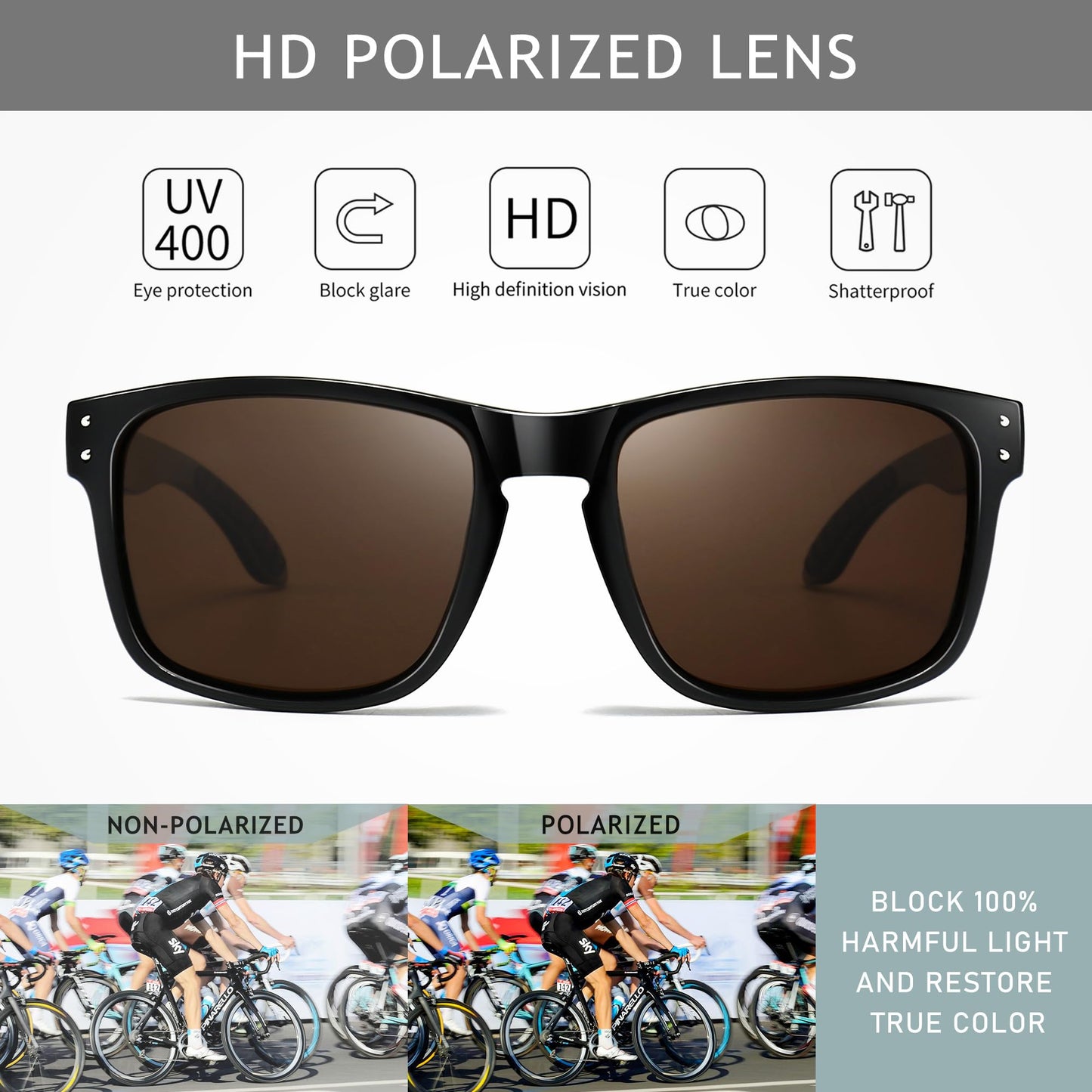 SUNGAIT Polarized Sports Sunglasses for Men Women: Black Retro Square Shades UV400 for Driving Fishing Cycling Running Golf