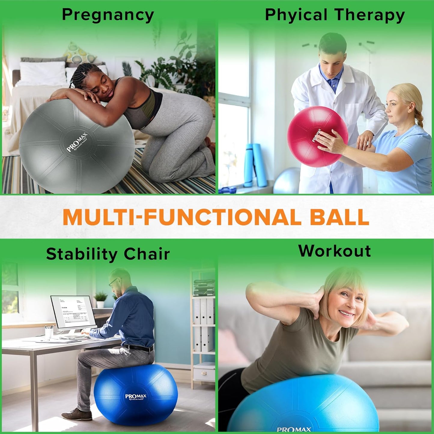 SmarterLife PRO MAX Exercise Ball - Anti-Slip Yoga & Stability Trainer for Core Workouts, Therapy & Office Use