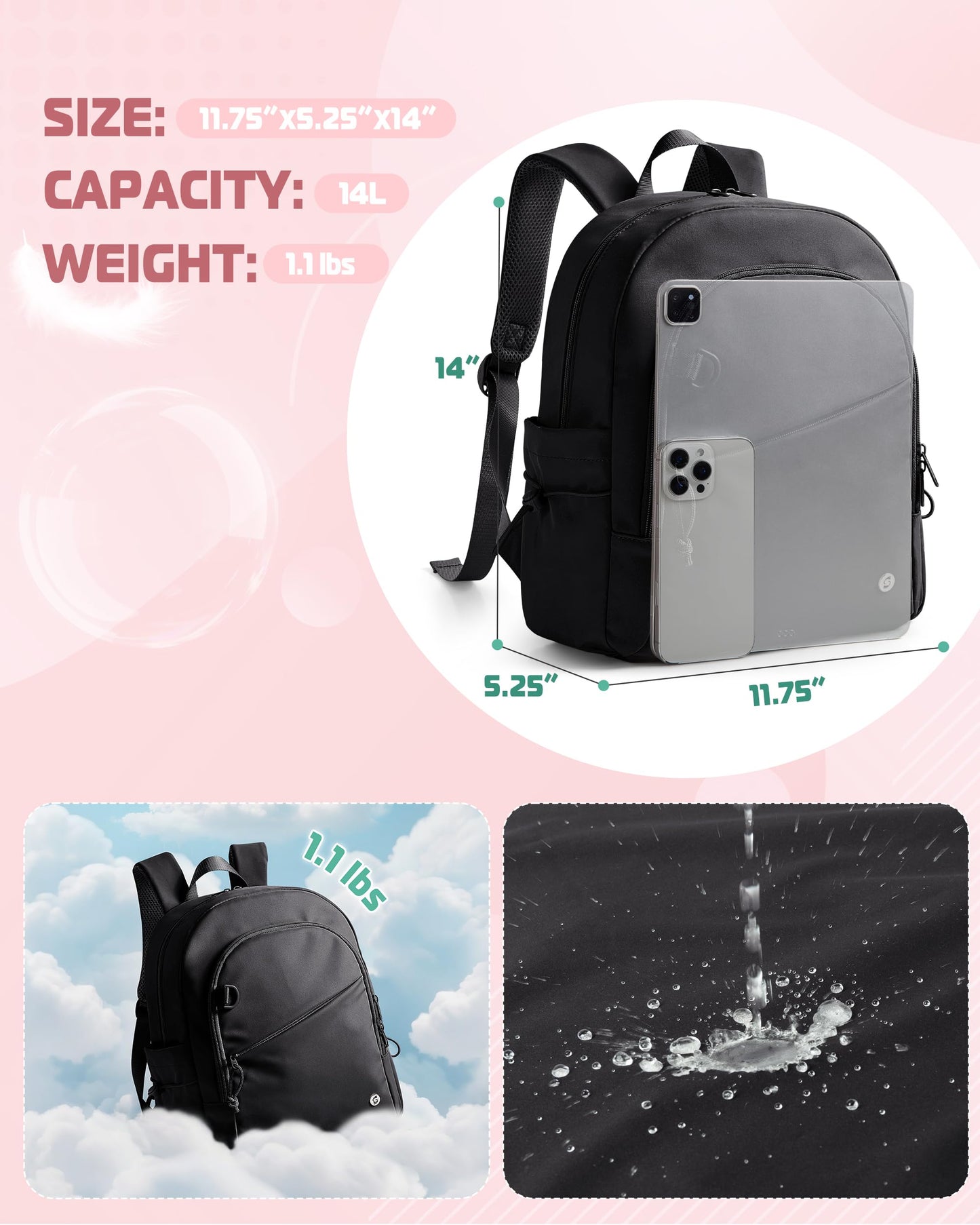 Smasrob Women Mini Backpack with Wet Pocket and RFID Blocking Pocket, Small Backpack Purse for Gym, Work, College or Travel, Black