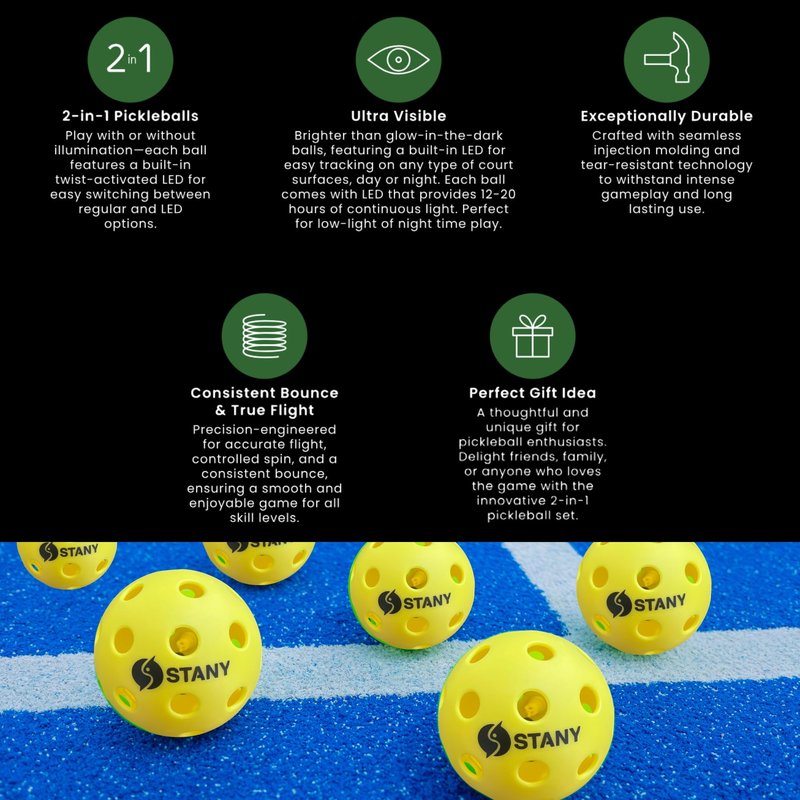 STANY LED Pickleball Balls –Ultra Visible for Nighttime Play, Glow in The Dark, 40 Hole, Indoor/Outdoor, Consistent Bounce, USAPA Official Size, Gift Ready Box, 6 Pack + 3 Replacement Batteries