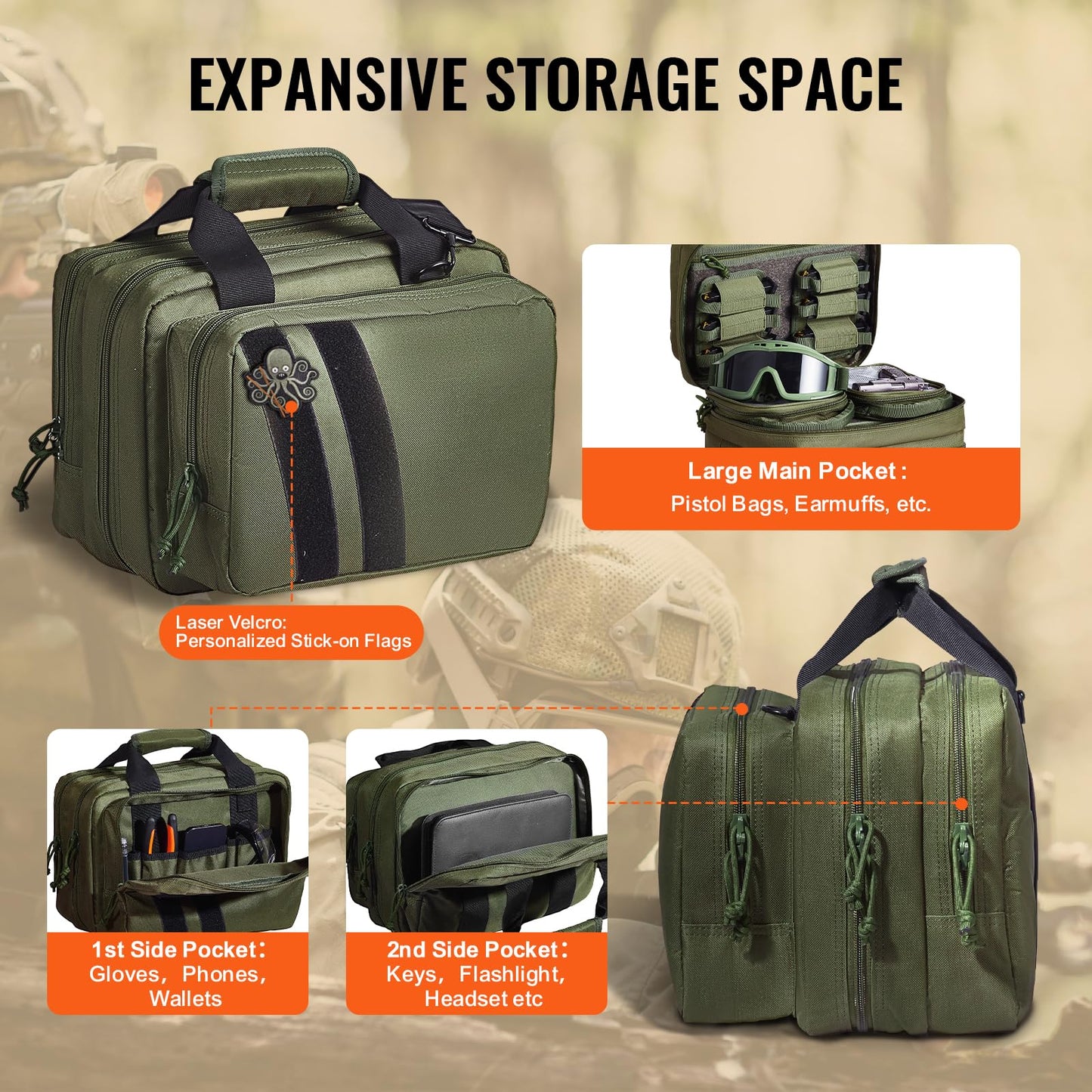 VEVOR Gun Bag with Detachable Baffles & 6 Magazines Shooting Handgun Bag for Outdoor Hunting Shooting Pistol Bag Case (2 Removable Pistol Bags, Green, 13 x 7.9 x 9.1 in)