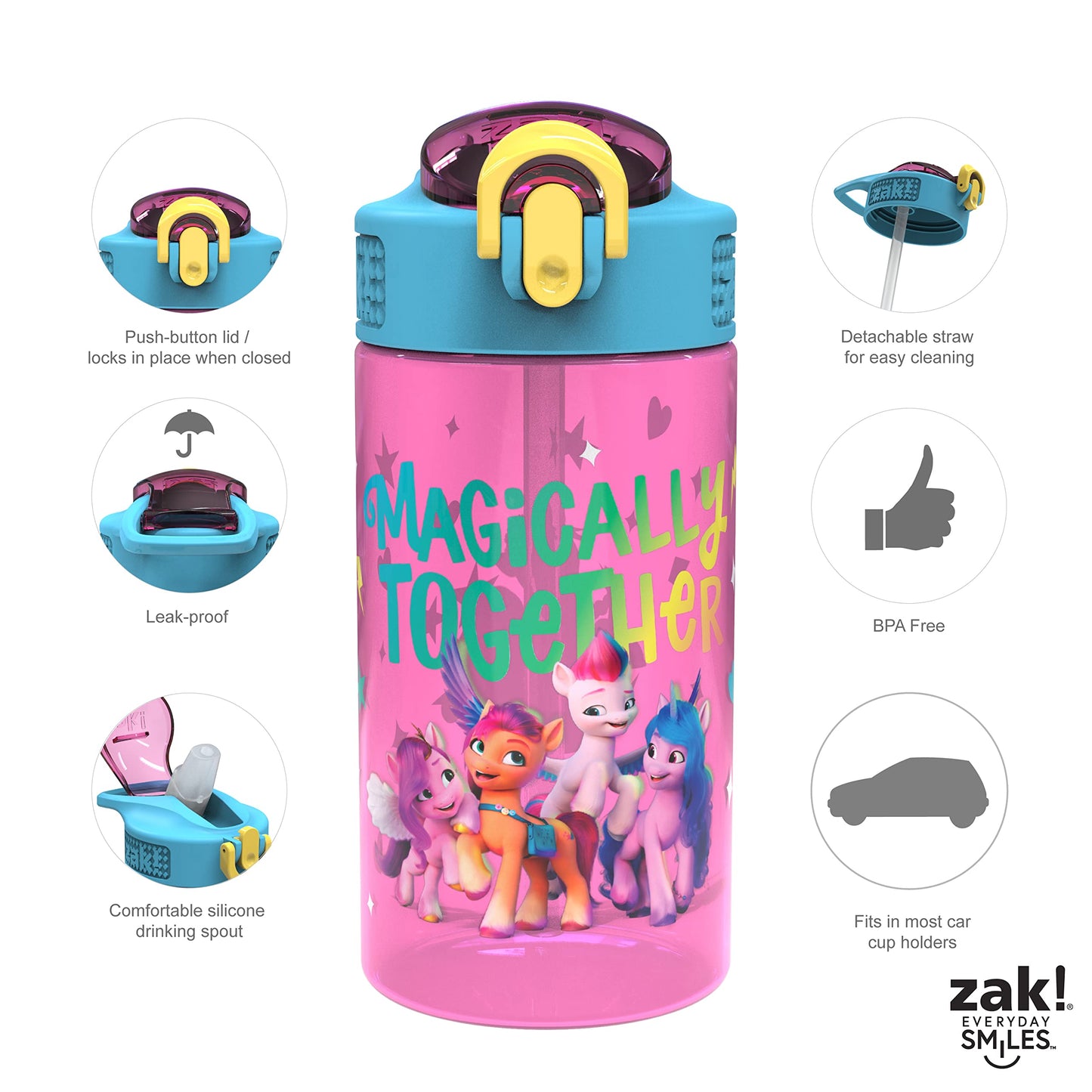 Zak Designs Kids Durable Plastic Spout Cover and Built-in Carrying Loop, Leak-Proof Water Design for Travel, (16oz, 2pc Set), My Little Pony 2pk