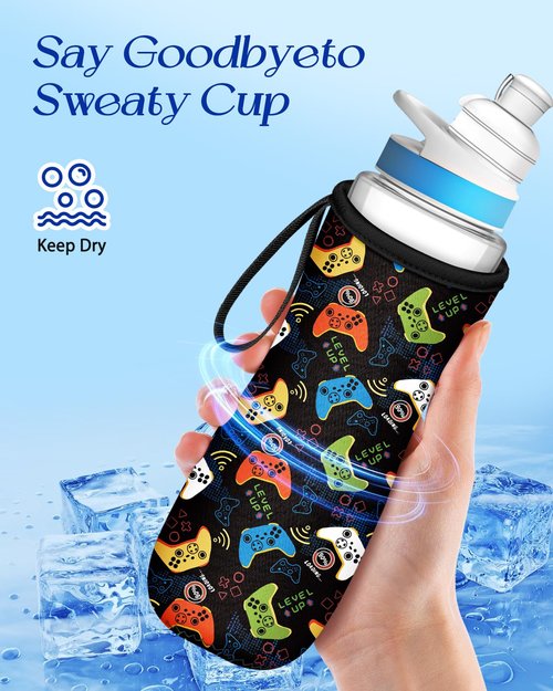 Toykee Water Bottle Sleeve for Cirkul 22 oz - Black Colorful Game Controller Funny Bottles Cover Holder Carrier Bag with Handle Strap