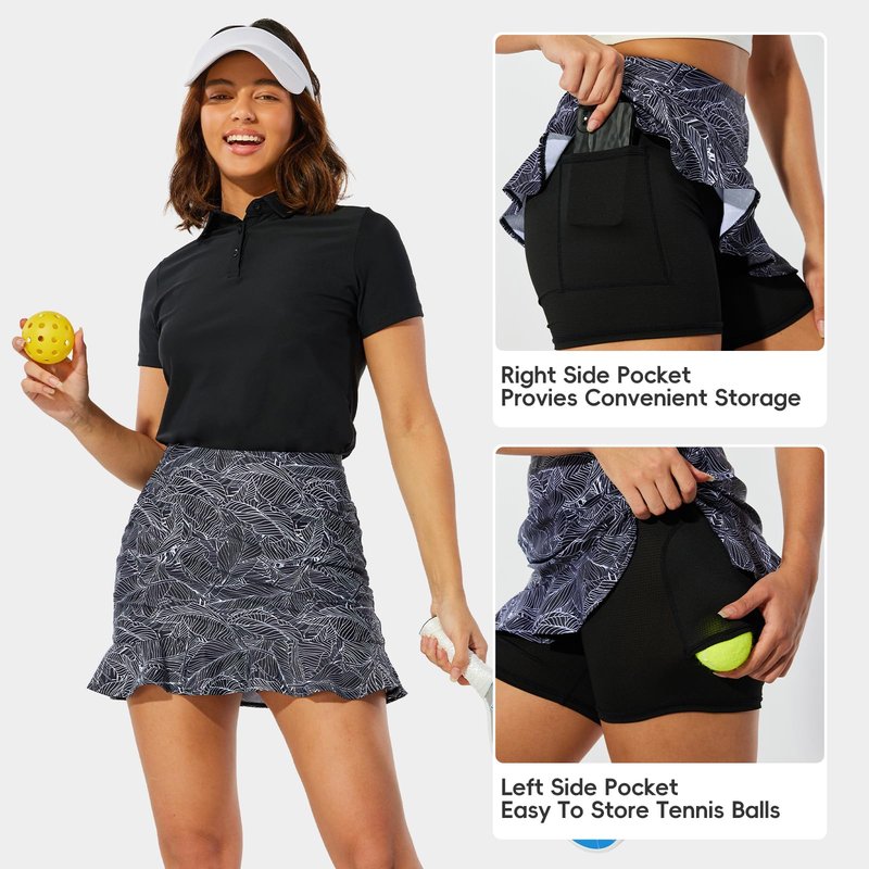 M MOTEEPI Tennis Skirts for Women Pleated Athletic Skort Lightweight Golf Skirts with Shorts Pocket Workout Pickleball Black Leaf M