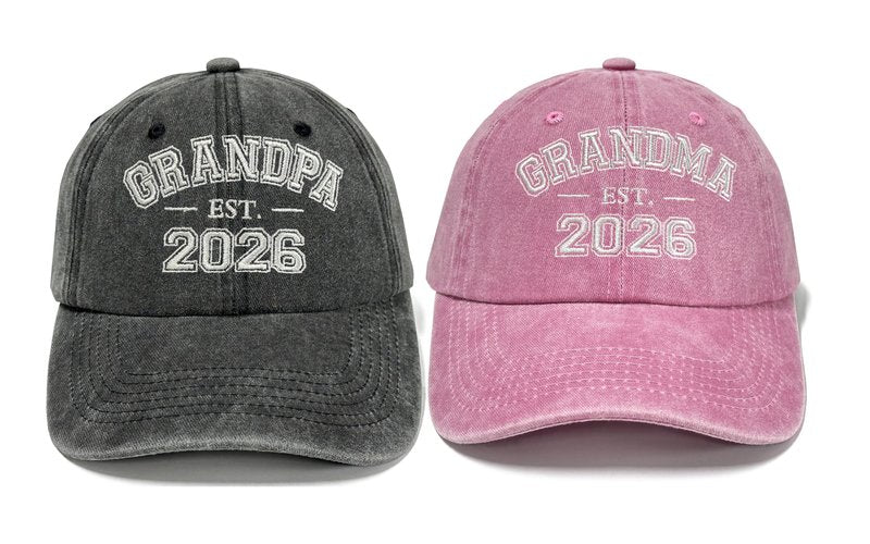 Horpe New Grandpa Grandma Matching Hats EST 2026, First Time Grandparents Gifts for Grandfather Grandmother, Adjustable Embroidered Baseball Caps for Baby Reveal Pregnancy Announcements