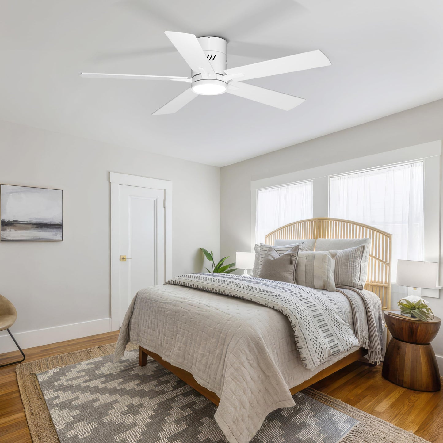 Ohniyou Ceiling Fan with Lights, 48" Flush Mount Ceiling Fan with Light and Remote, Low Profile, Silent DC Motor, Dimmable for Bedroom Living Room, White