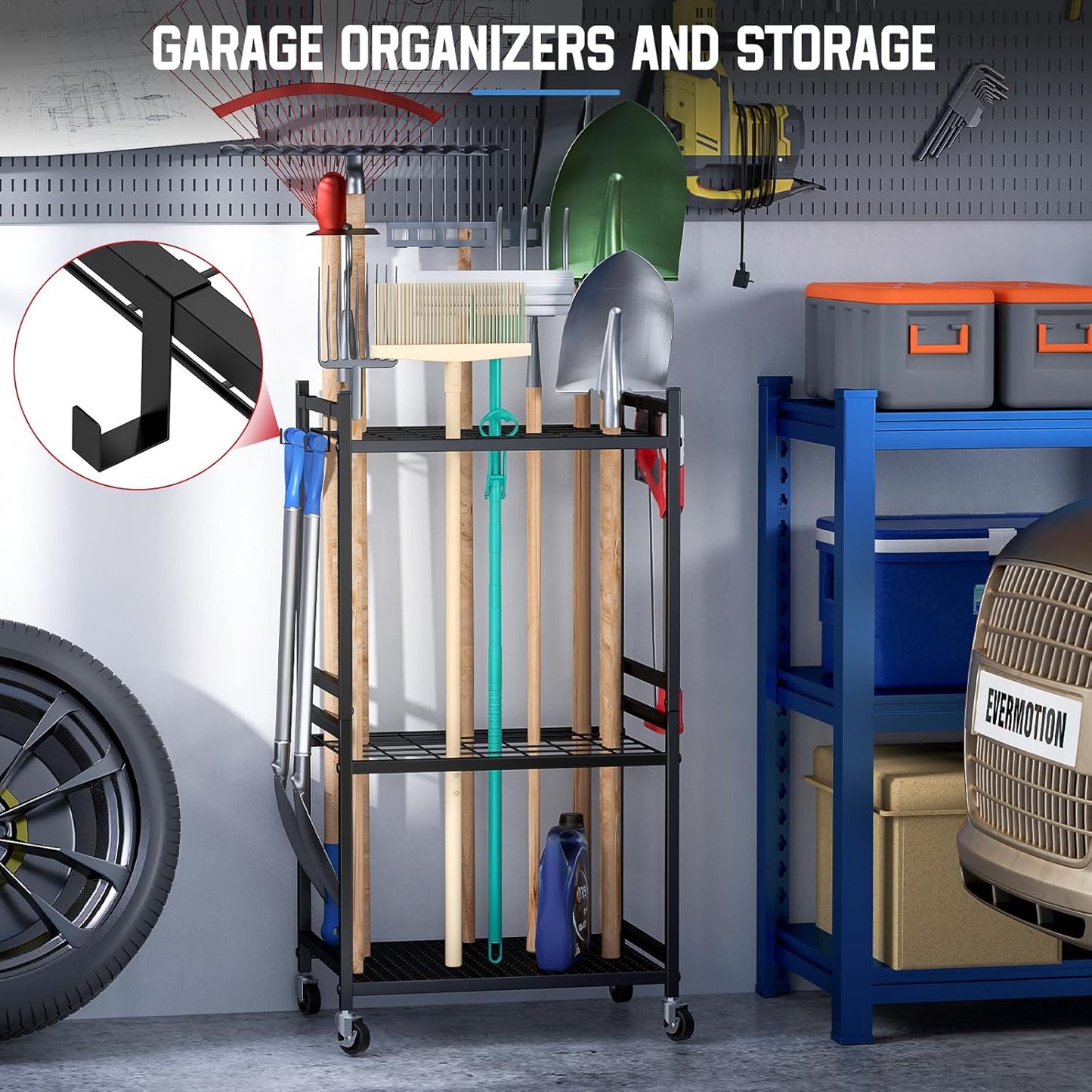 Garden Tool Organizer on Wheels - Sturdy Metal Rack for 35 Long-Handled Tools, 3 Hooks, Outdoor Storage, Black