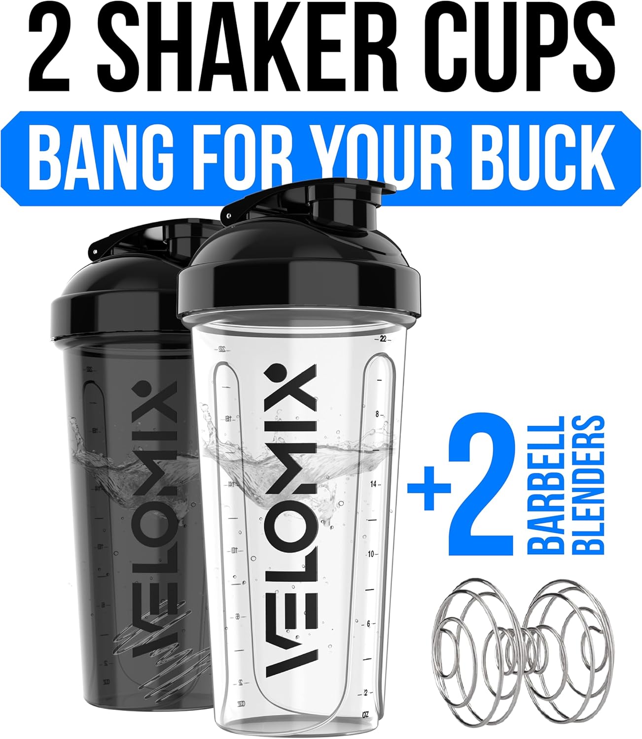Velomix Protein Shaker Bottles - 28 oz Leak Proof Cups with 2x Wire Whisk | 2 Pack (Black/Transparent)