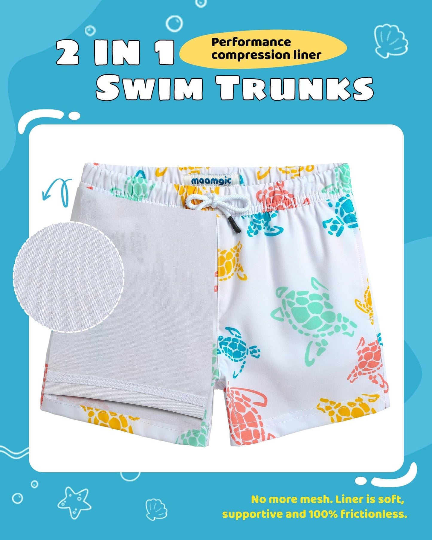 maamgic Boys Swim Trunks with Compression Liner Toddler Stretch Swim Shorts Quick Dry Swimming Trunks Boxer Brief 2 in 1 Beach Shorts White Colorful Turtles 8