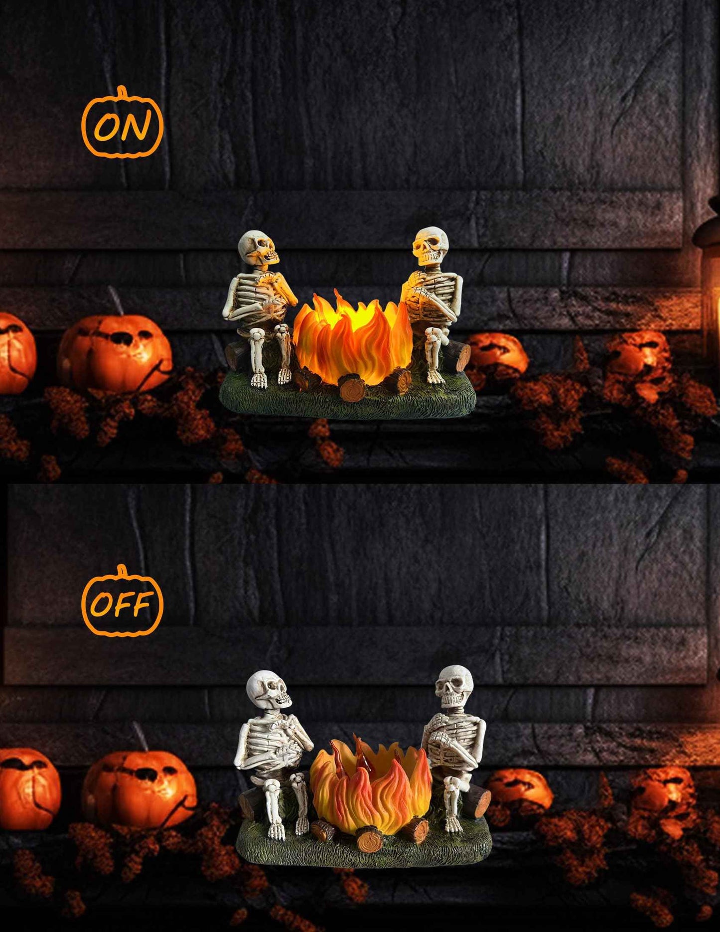 Htscudtg Halloween Skeleton with Pumpkin Campfire Nightlight, Flickering 3D Flameless Lights Halloween Indoor Decor, Light Up Jack O Lantern, Scary Skull Statue Lamp for Table Mantel