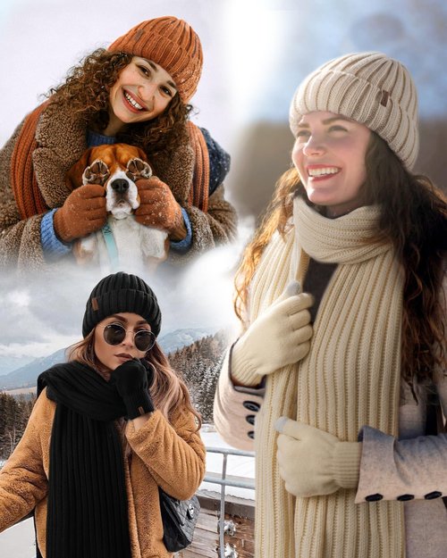 FURTALK Winter Warm Beanie Knit Hat Touchscreen Gloves Scarf Set Soft Fleece Lined Double Layer Skull Cap Gifts for Women