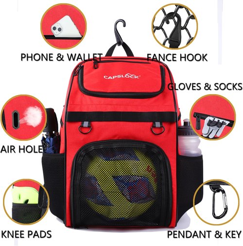 CapsLock Youth Soccer Bag - Versatile Backpack for Soccer, Basketball & Volleyball | Separate Cleat Compartment & Fence Hook