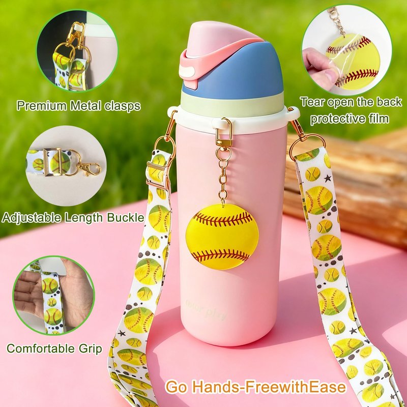 Softball Accessories Set Compatible for Owala Water Bottle 24 oz, 32 oz, 40 oz, Tumbler, FreeSip – Includes Shoulder Strap, Handle Strap, Silicone Ring, Keychain Charm, Softball Gifts for Women Men