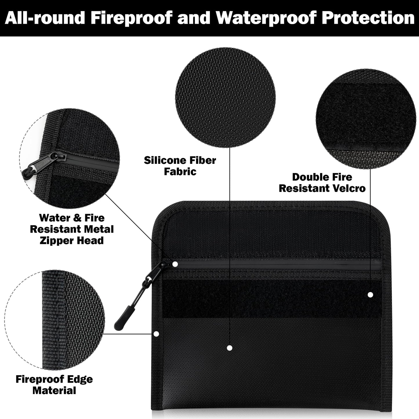 GQIRIL Fireproof Waterproof Document Bag - 5200°F Water Resistant Fire Proof Money Bag, 3 Layers of Heat Insulated Storage with Zipper, 7.9"x5" Portable Files Safe Pouch for Cash Passport (Black)
