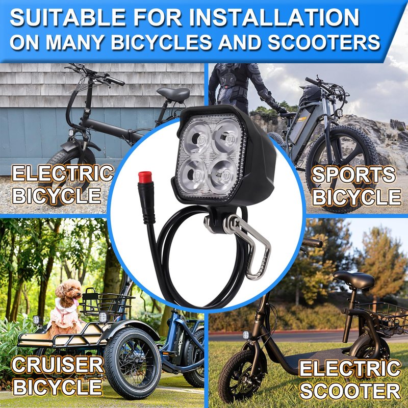 Electric Bicycle Headlight, 4Pcs LED 400 Lumens, 24V 36V 48V Compatible, Waterproof 2 Pin Connector, Ebike Front Light for Night Riding