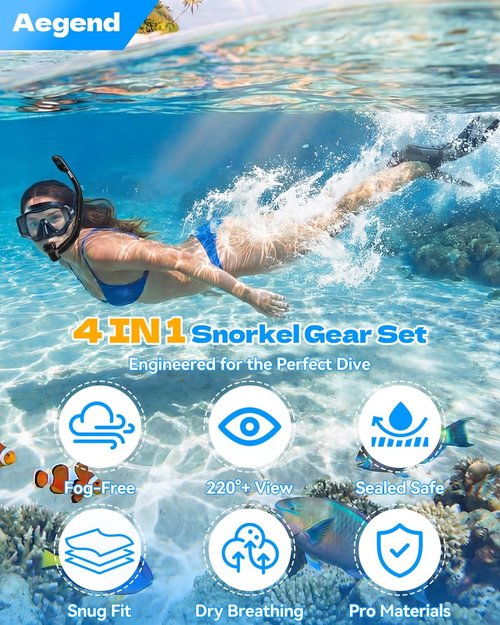 Aegend Snorkeling Gear Set - Anti-Fog Panoramic Mask, Adjustable Fins & Dry Top Snorkel | All-in-One Travel Solution for Adults