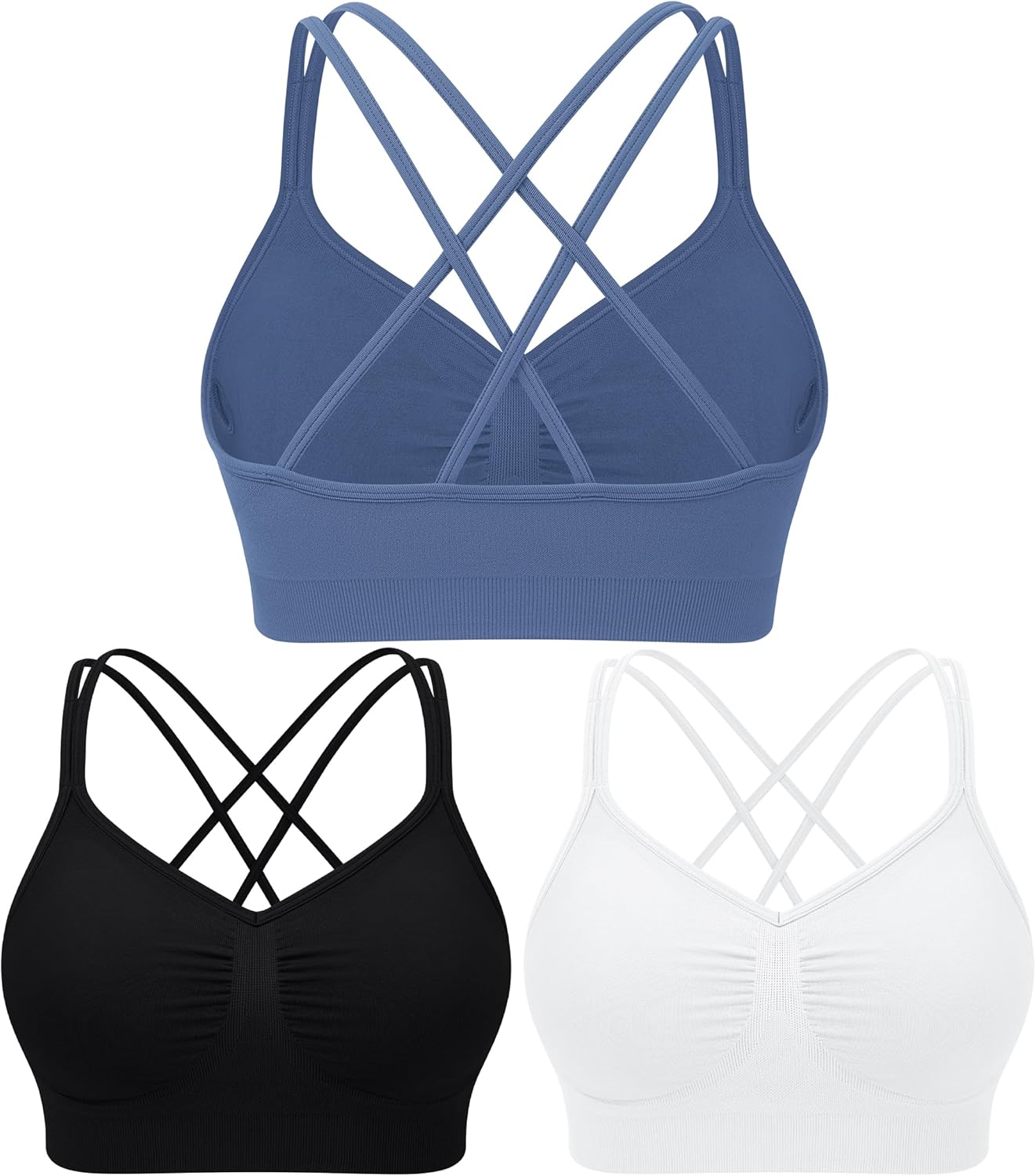 WANAYOU Sports Bras for Women - Strappy Cross Back Design | Padded Medium Support for Yoga & Gym (3 Pack)