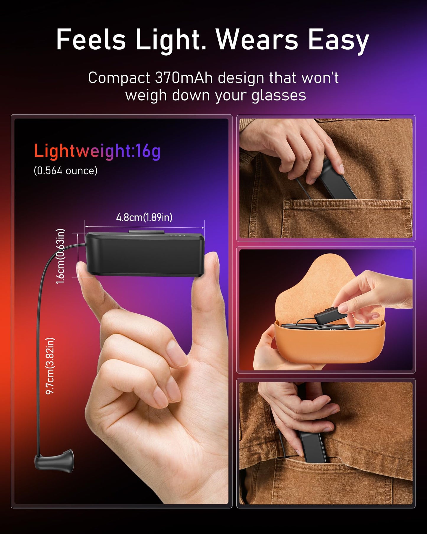 Wearable Battery Pack Charger Compatible with Ray-Ban/Oakley Meta Smart Glasses Gen 1 & Gen 2, Ultra-Light Mini Power Bank Accessories for Wayfarer Headliner Skyler HSTN