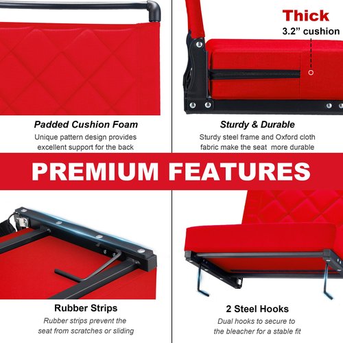 Kaganoon Stadium Seats with Back Support Cushion, Folding Stadium Seats for Bleachers Hold up 400lbs, Wide Bleacher Seat with Shoulder Strap & Handle Comfort for Sports Events (red, 1pcs)