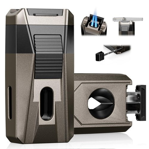 All-in-one Torch Lighter with Built-in Cutter, Holder, Draw Enhancer Tool, Dual Jet Flames Adjustable, Gifts for Men, Multifunctional Accessories, Refillable Butane Lighters for Travel, Outdoors