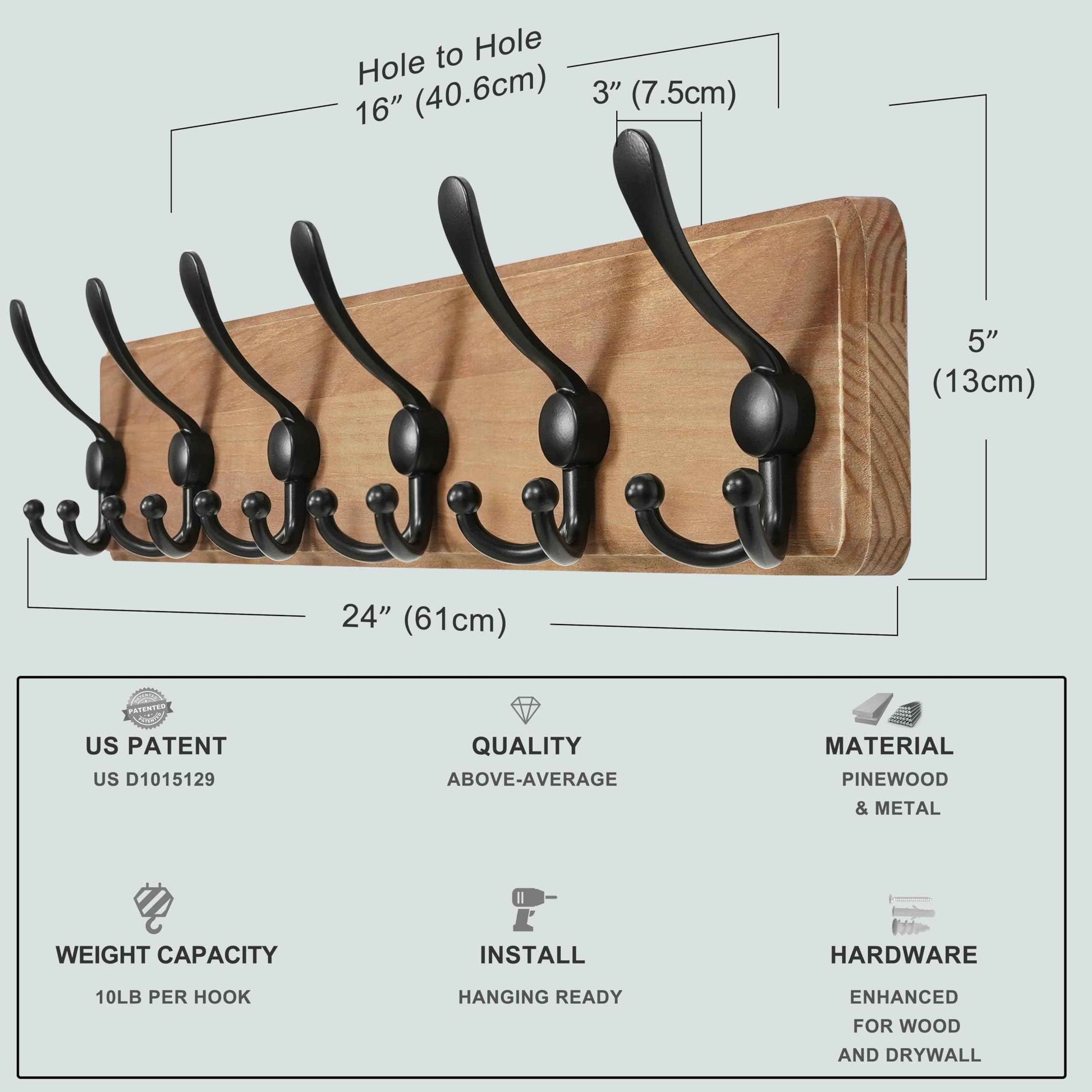 Dseap Coat Rack Wall Mounted - 24" Long 6 Tri Hooks, Heavy Duty Wooden Wall Coat Hanger Coat Hook for Clothes Hat Jacket Clothing, Weathered Brown and Black, Pack of 2