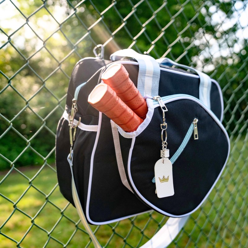 Queen of the Court Prepster Pickleball Bags for Women with Fence Hook - Cute Yet Functional Black Pickleball Tote Bag with Compartments for Water Bottle, Paddles, Balls & Accessories (Black)