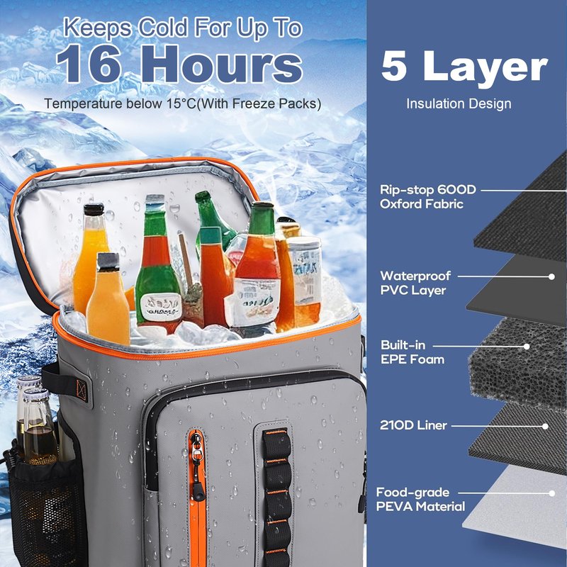 35 Can Insulated Cooler Backpack, Waterproof Leak Proof Cooler Bag for Beach Hiking Camping Travel Outdoor