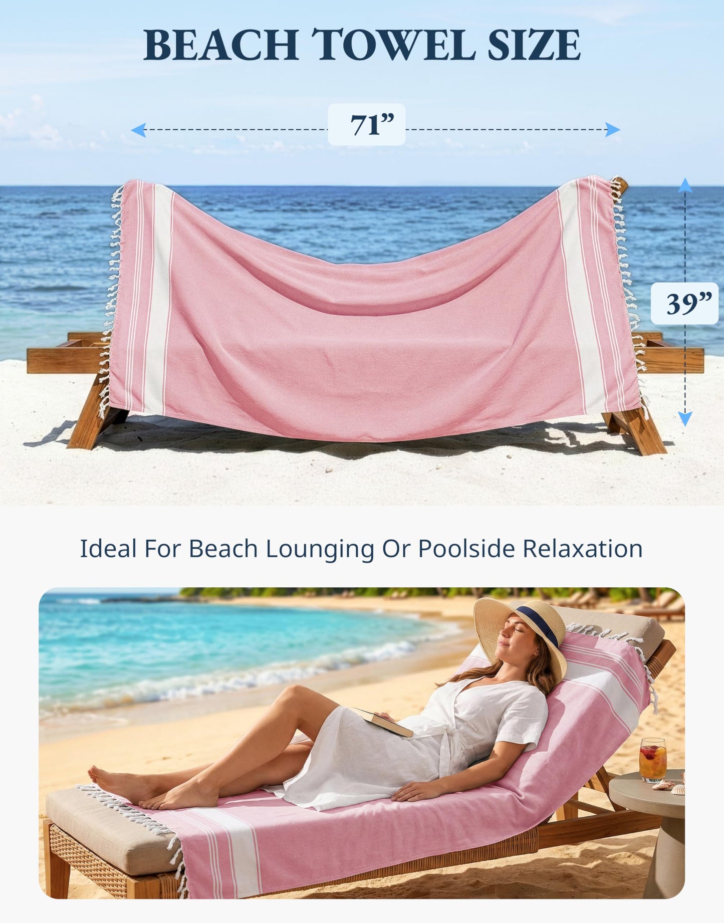 LANE LINEN Turkish Beach Towel, Oversized, 39"x71", Quick Dry - Candy Pink
